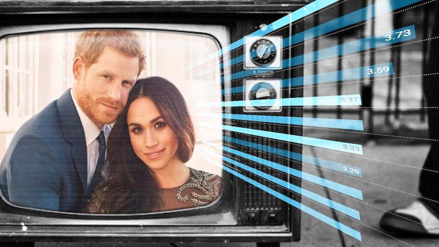 Composite image of Prince Harry and Meghan Markle on an old television screen, overlaid with data visualisation.
