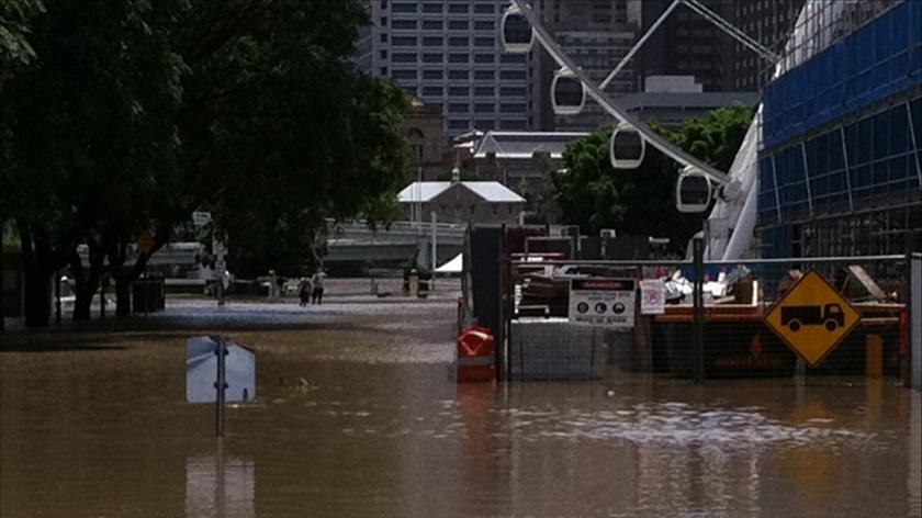 The entrance to QPAC is covered by floodwaters.