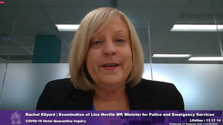 Lisa Neville giving evidence via video conference.