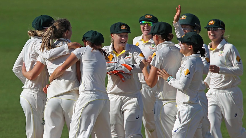 Dominant performance ... Australia celebrates after Ellyse Perry dismissed England Lydia Greenway