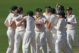 Dominant performance ... Australia celebrates after Ellyse Perry dismissed England Lydia Greenway