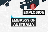 A map shows the location of the blast and the Australian embassy.