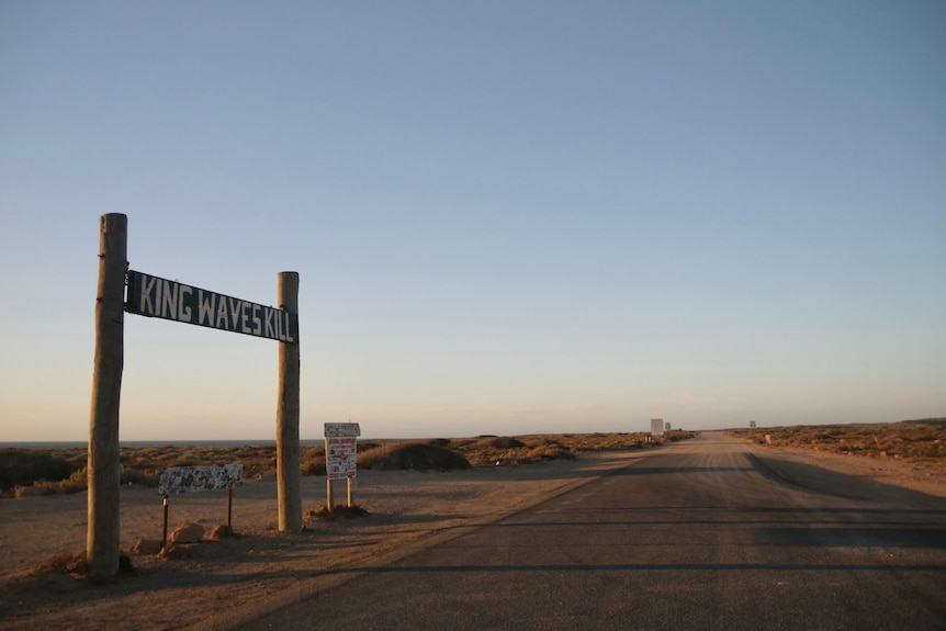 A sign on the coast reading ' KING WAVES KILL' at dusk