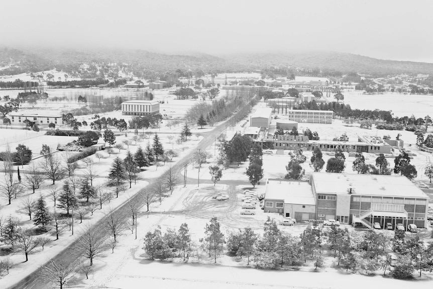 Canberra blanketed in snow, 1965
