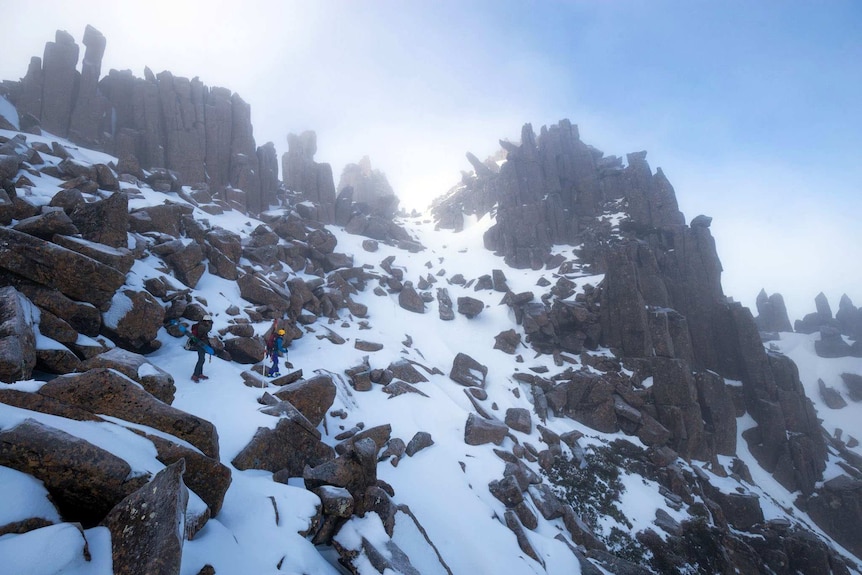 Skiers ascend Cradle Mountain