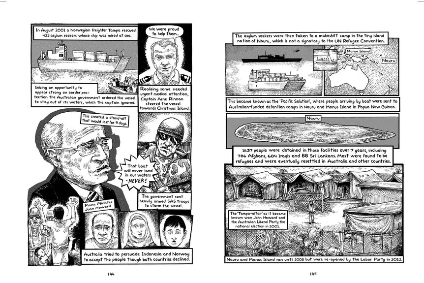A panel from a graphic novel, which explains the 2001 Tampa affair and the immigration policy at the time