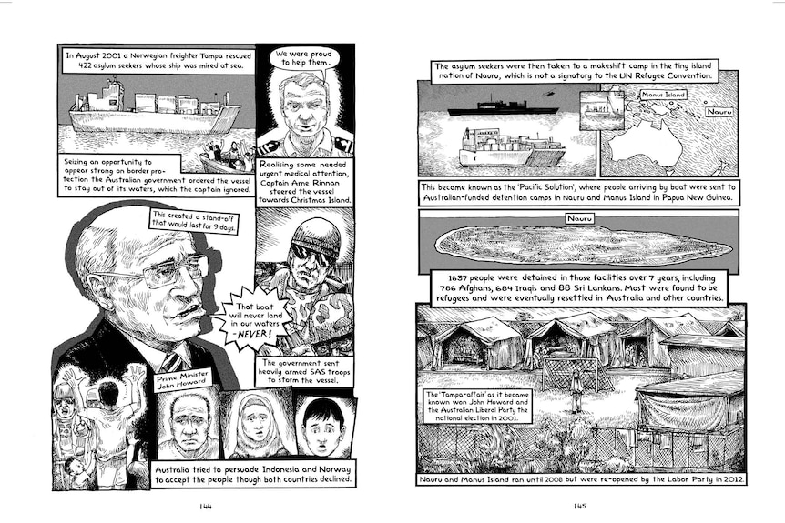A panel from a graphic novel, which explains the 2001 Tampa affair and the immigration policy at the time