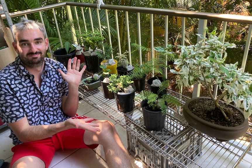 Lawson sits on his balcony, gesturing to his bonsai collection.