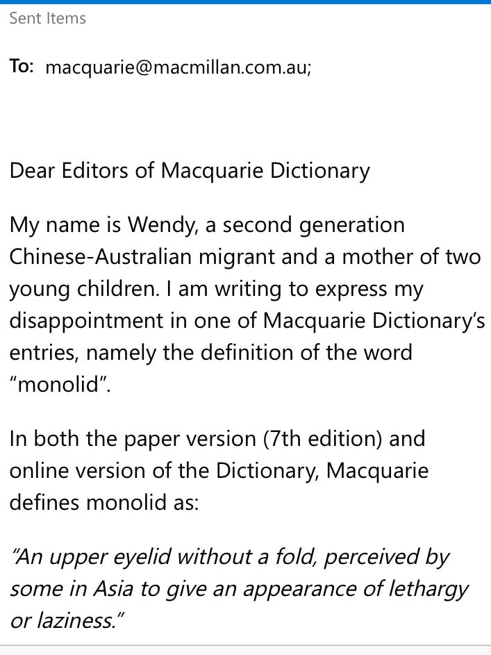 华裔妈妈Wendy致信《麦考瑞词典》敦促其修改对单眼皮词条的定义。