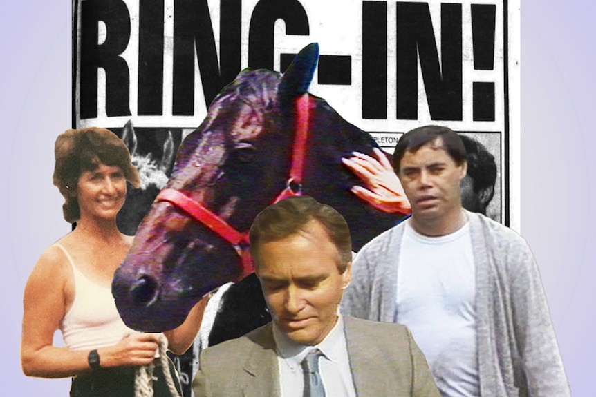 A composite image of two men and one woman arrayed around a dark brown racehorse and a newsprint background that says "Ring-in!"