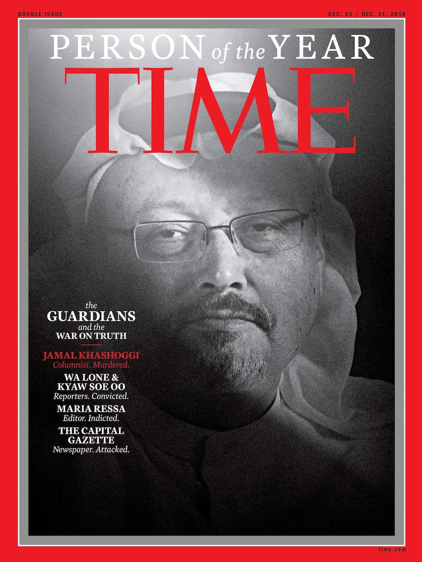 Jamal Khashoggi looks to the camera wearing glasses with his head covered for Time magazine Person of the Year.