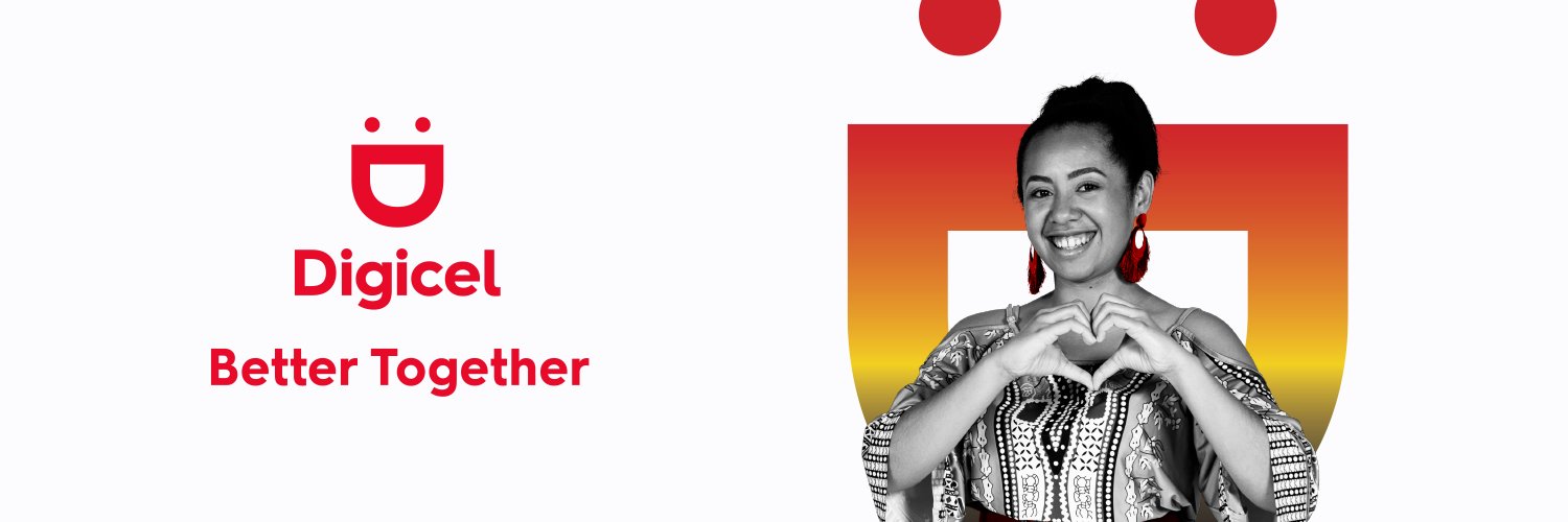 The Digicel logo with 'better together' underneath and a woman on the right making a love heart with her hands