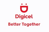 The Digicel logo with 'better together' underneath and a woman on the right making a love heart with her hands