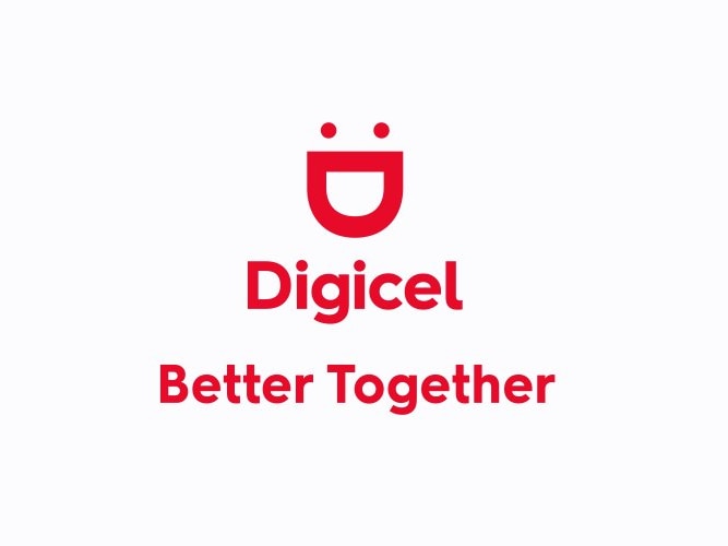 The Digicel logo with 'better together' underneath and a woman on the right making a love heart with her hands