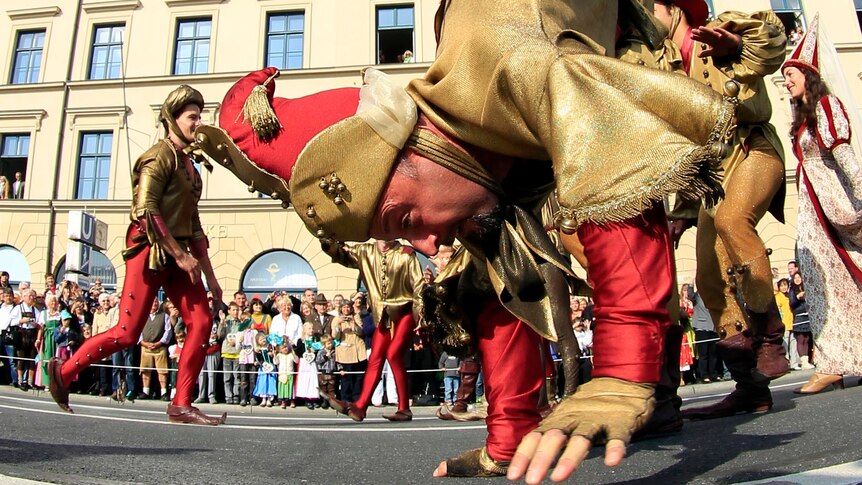 An actor performs during the Oktoberfest parade in Munich.