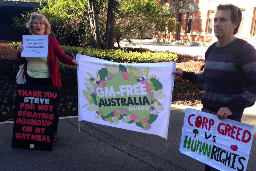 Anti GM protesters outside WA Supreme Court