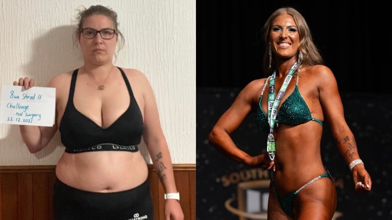 before and after photo - on left light skinned woman in black sportswear on right bodybuilder in green bikini
