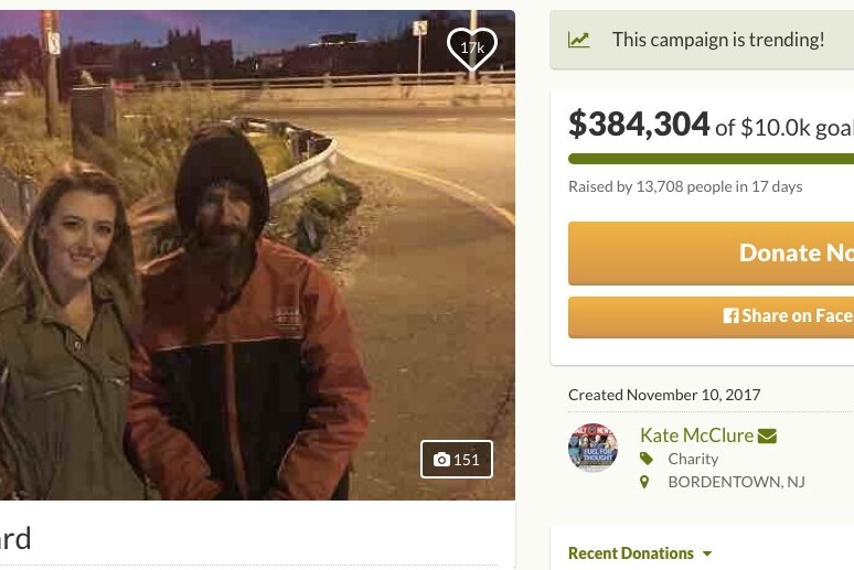 GoFundMe screenshot with Katelyn McClure and Johnny Bobbitt Jr