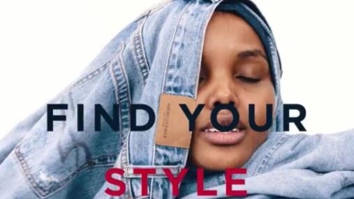 Model Halima Aden with jeans on her head in an Instagram post showing an ad for American Eagle that reads "Find your style".