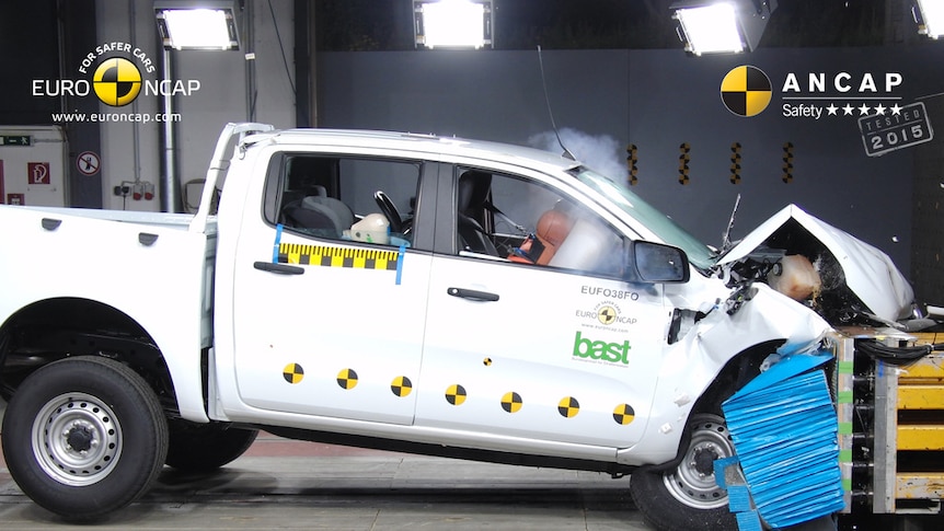 A ute crashes into a hazard in testing.