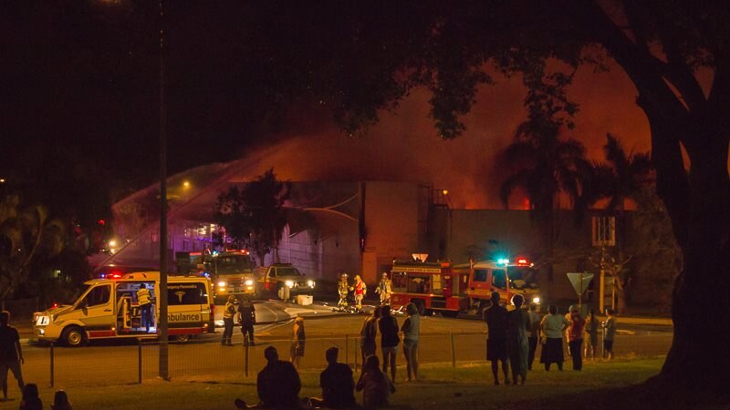 Emergency crews on the scene of a large fire at the Cannonvale Shopping Centre
