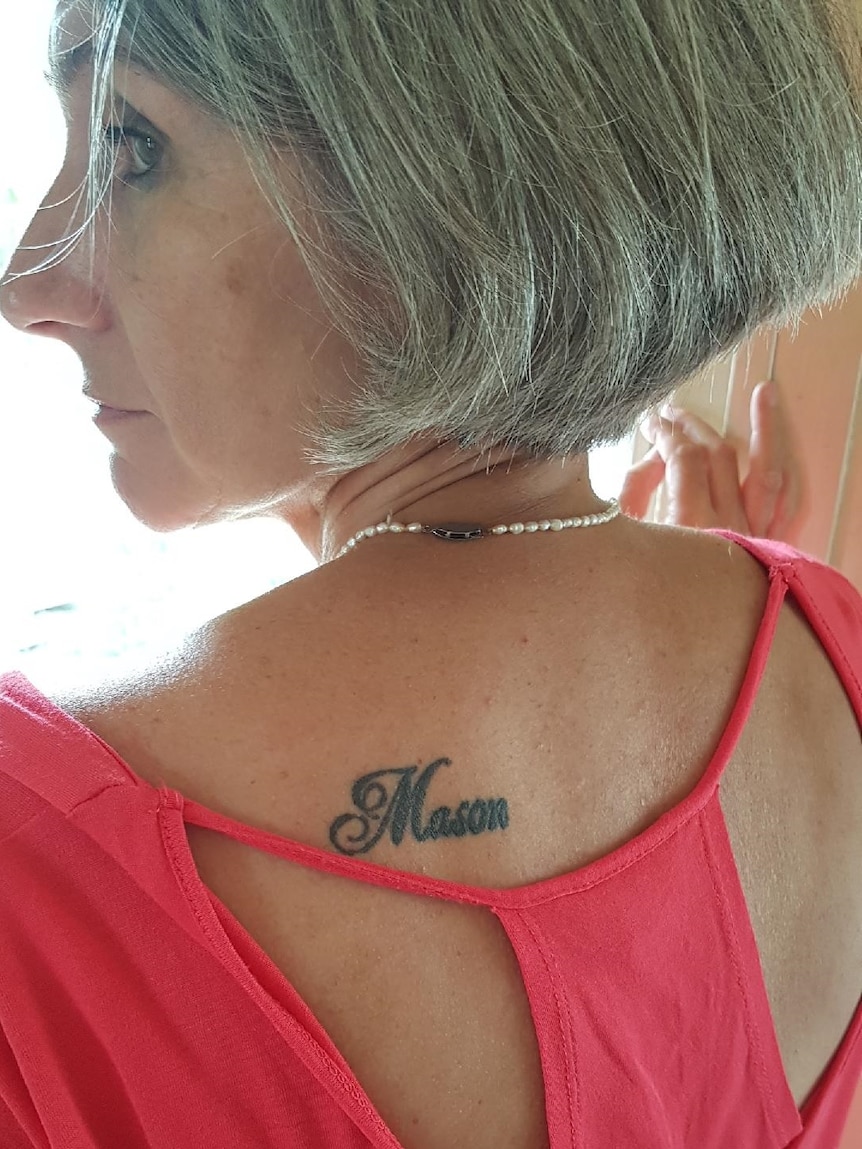 Sue Sandeman has the name of her dead grandson Mason tattooed on her back