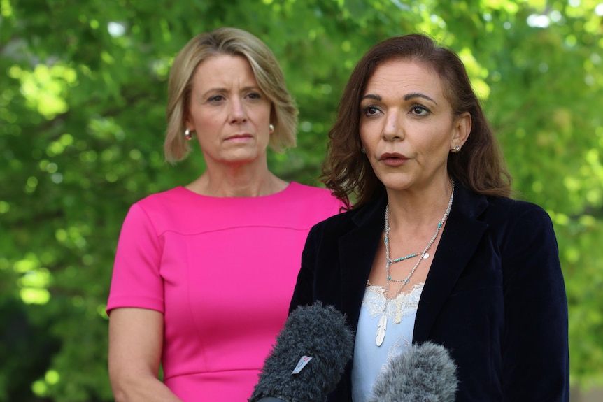 Kristina Keneally stands behind Anne Aly at a press conference in a courtyard