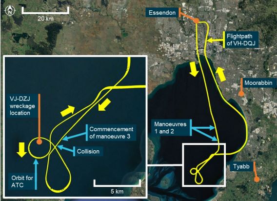 The recorded flight path of Viper 1 with annotations by the ATSB.