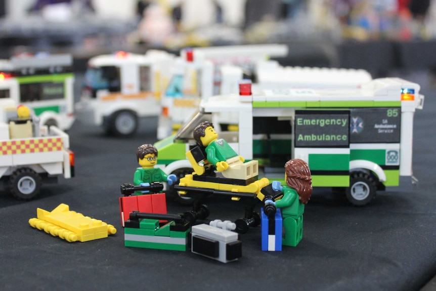 A model of an ambulance emergency scene made from Lego.