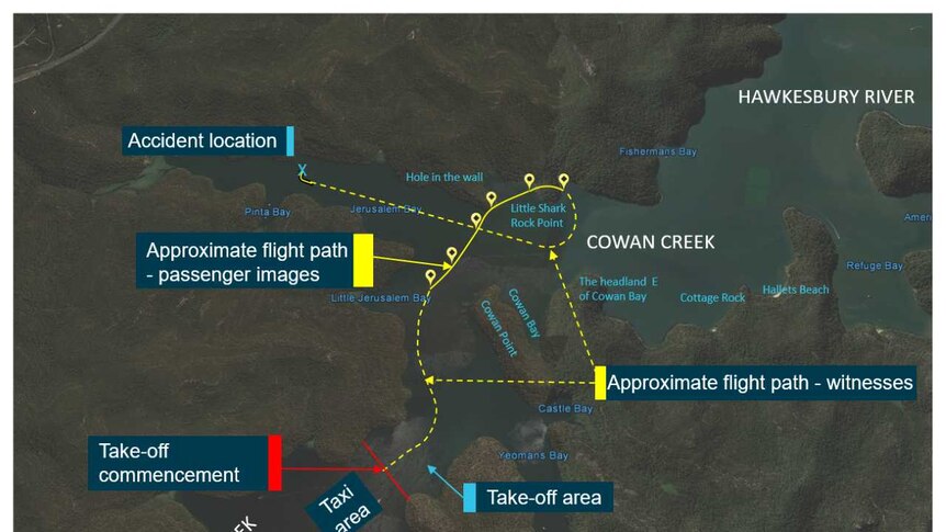 A map showing the likely path of a light plane before it crashed into a river