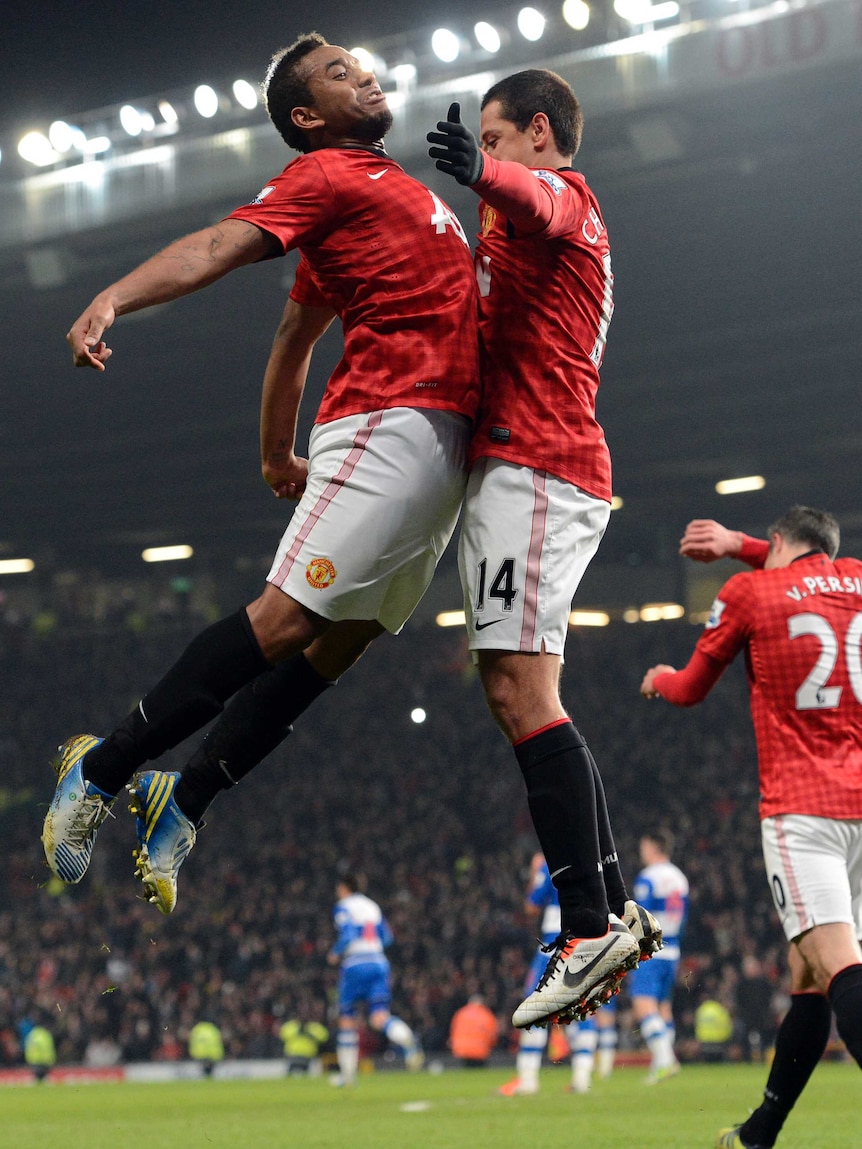 Javier Hernandez (R) celebrates scoring United's second goal with Brazilian midfielder Anderson.
