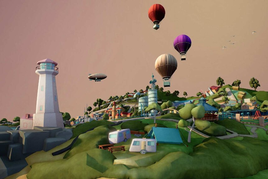 Artwork of virtual town with hot air balloons flying overhead.