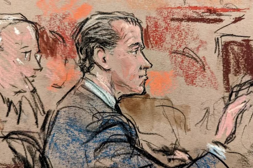 A court sketch shows a side profile of Hunter Biden sitting in court.