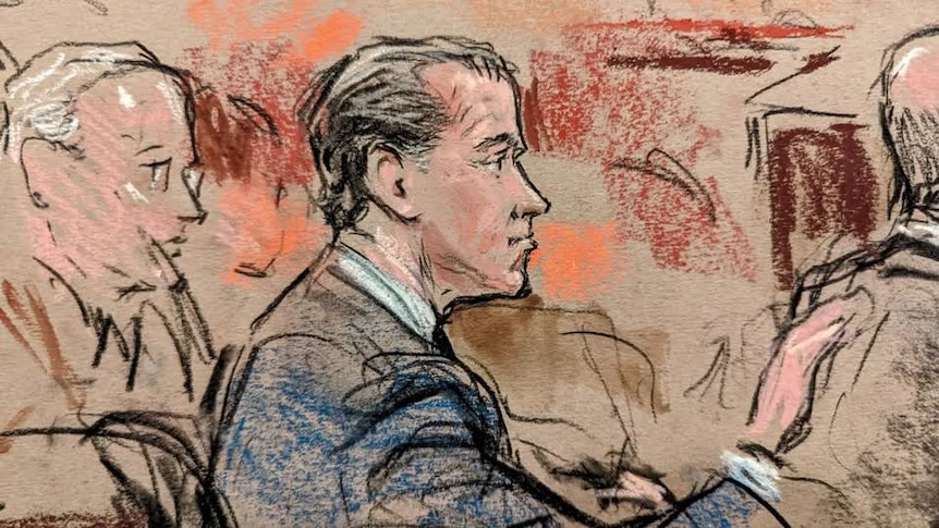A court sketch shows a side profile of Hunter Biden sitting in court.