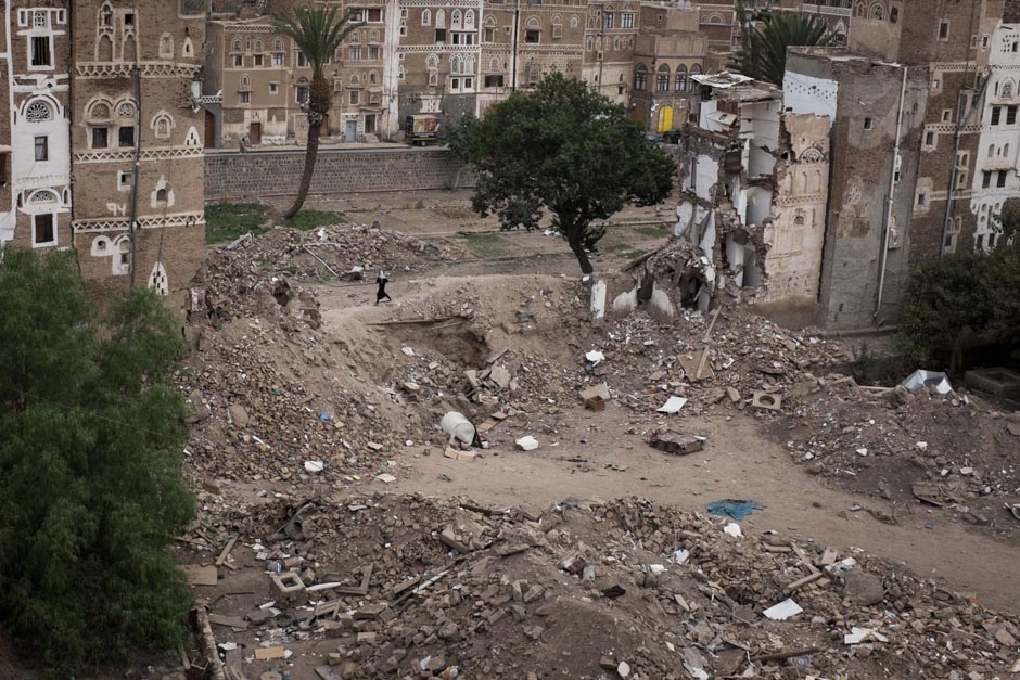 Half a street of houses, which was levelled in a Saudi coalition airstrike.