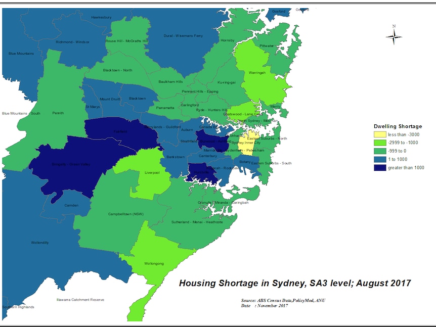 ANU's study shows central Sydney is heavily oversupplied but western Sydney has shortages.