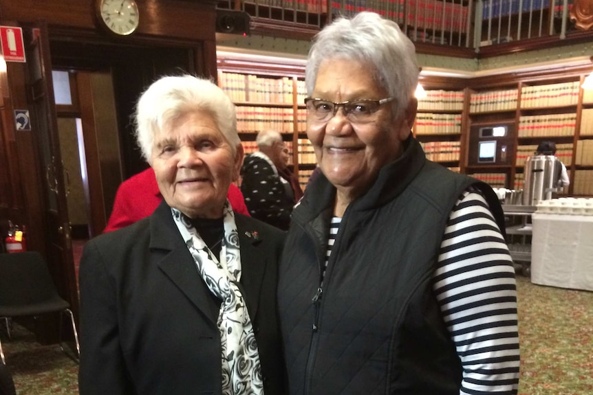 Aunty Isabel Reid (left) and Aunty Lorraine Peeters inside parliament.