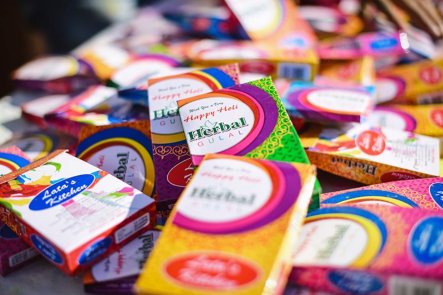 Packets of the many colours of herbal gulal, thrown at the Holi festival in Brisbane