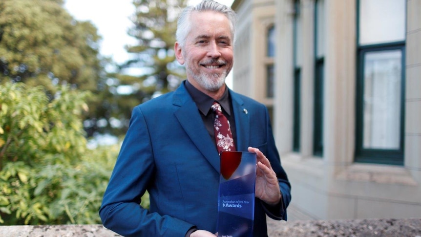 Tasmanian Australian of the year 2018, Scott Rankin with his award at Government House November 2017