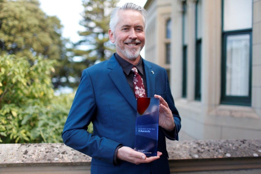 Tasmanian Australian of the year 2018, Scott Rankin with his award at Government House November 2017