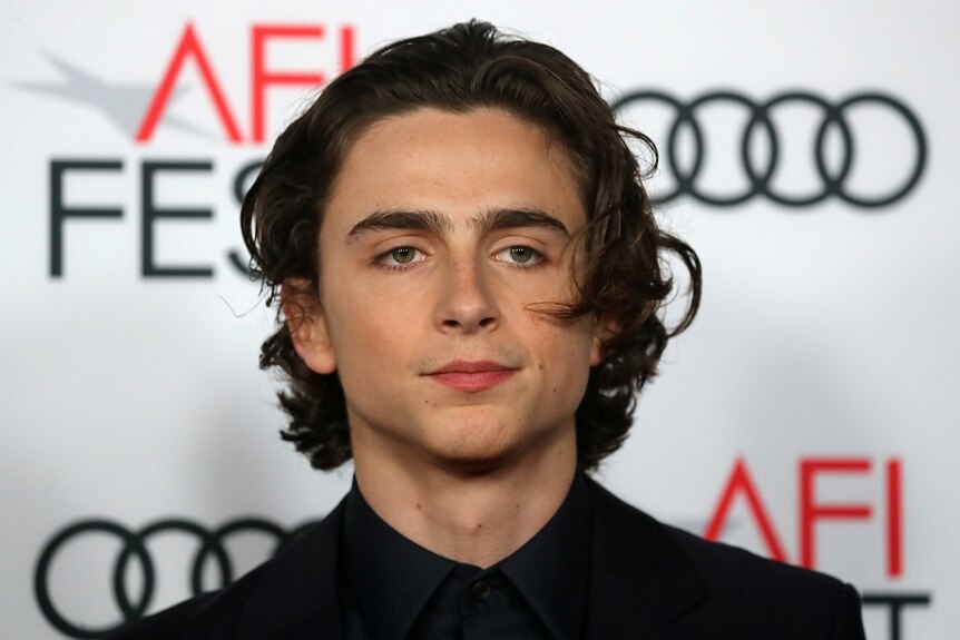 A close-up of actor Timothee Chalamet looking serious.