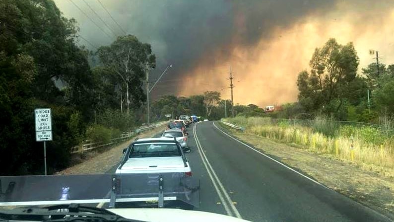A view from the inside a vehicle looking to a traffic jam in front and bushfire smoke in the distance.