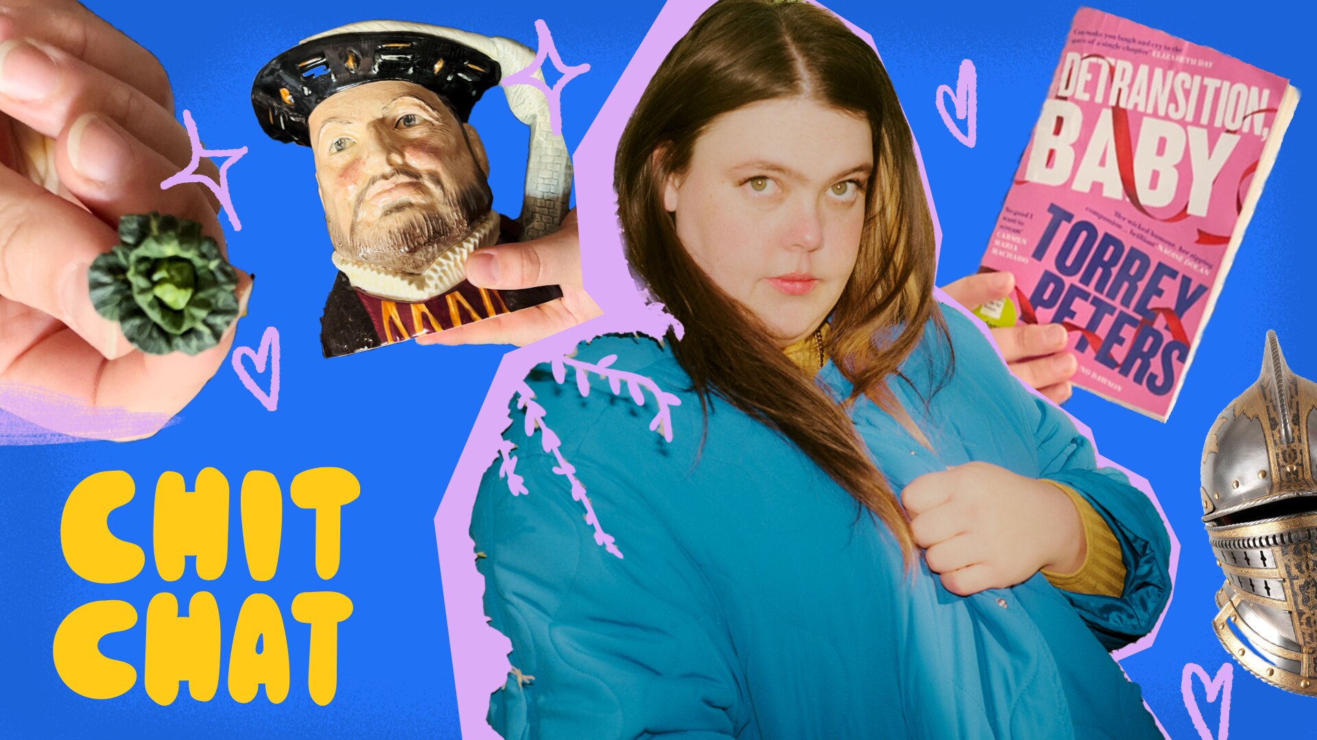 Elizabeth is cut out against a blue background surrounded by small images of a book, a Henry VIII mug, a knight and mini cabbage