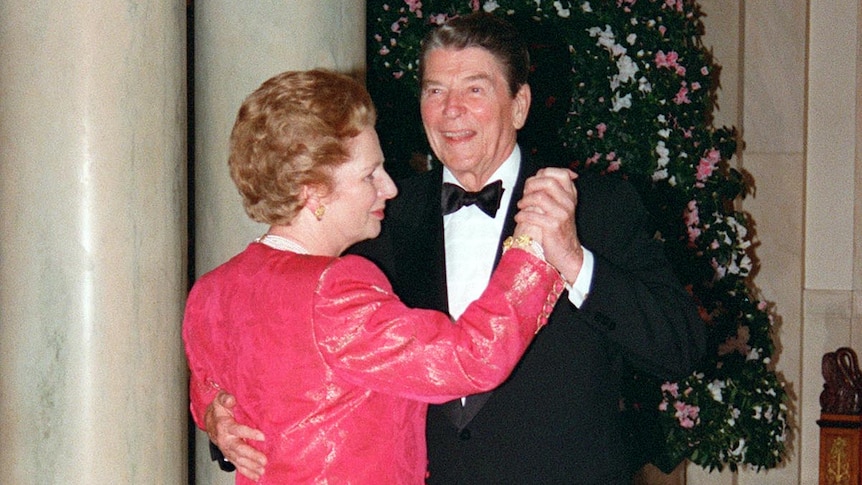 Margaret Thatcher dances with Ronald Reagan in 1988.