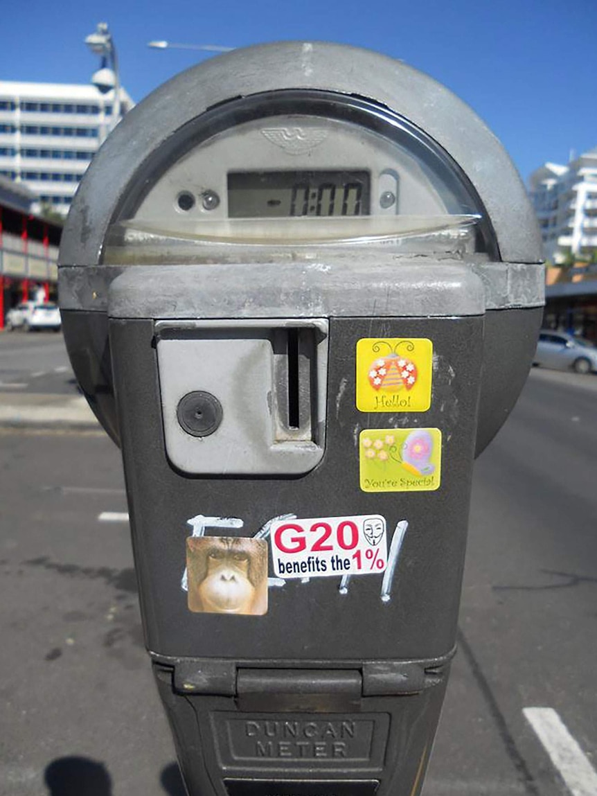 Myra Gold was charged with wilful damage over this G20 sticker.