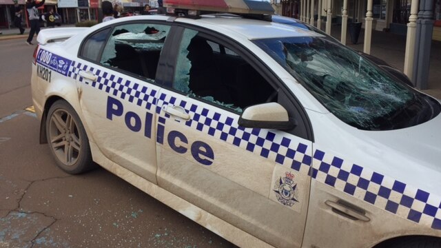 A Kalgoorlie police car with smashed windows.