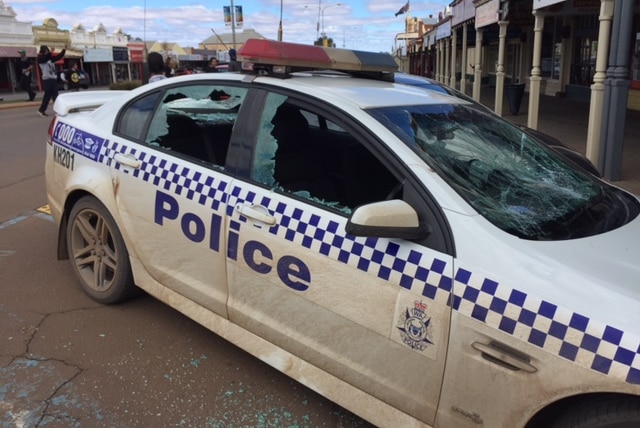 A Kalgoorlie police car with smashed windows.