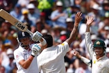 England's Joe Root appeals under DRS as Australia celebrates his dismissal in Perth