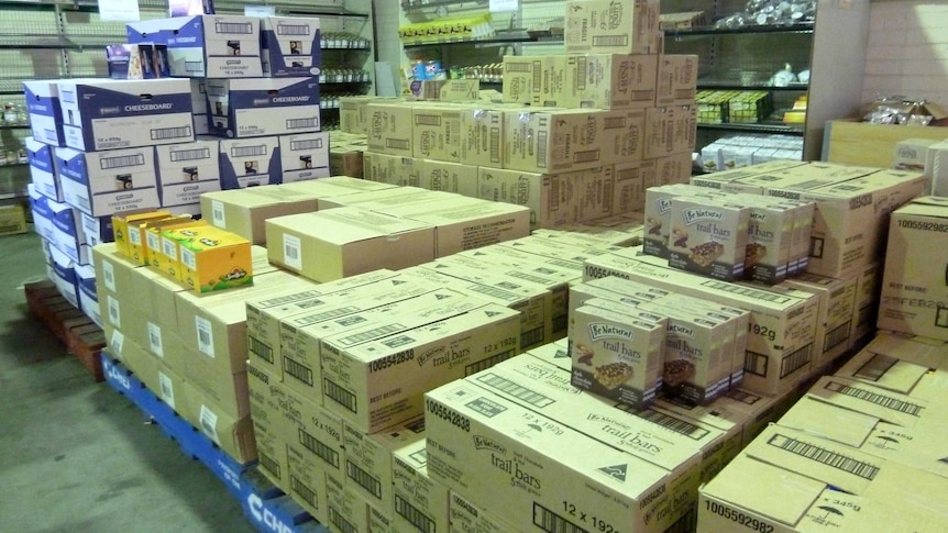 Boxes of food at the Perth warehouse of food charity Foodbank.