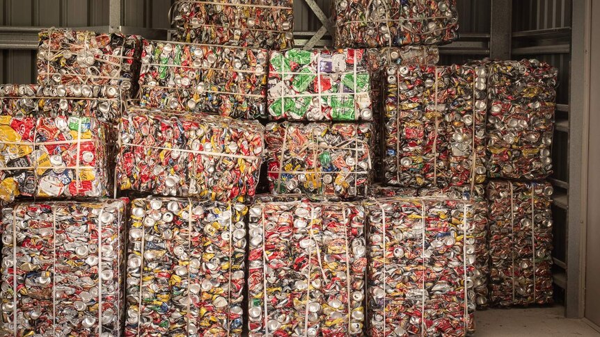 Bales of aluminium cans at West Island transfer station